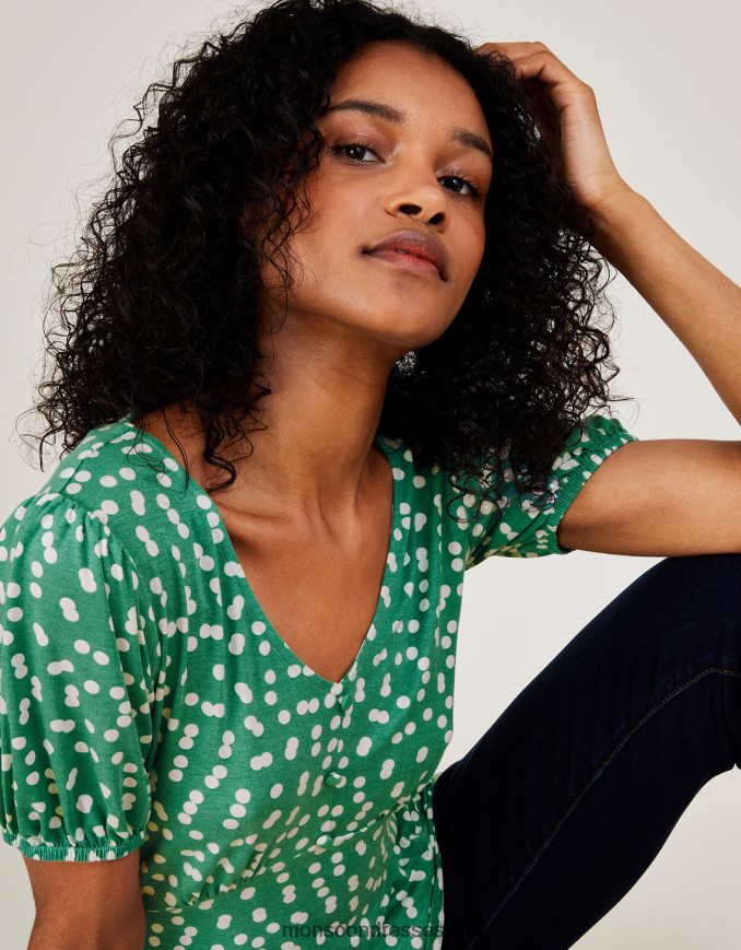 הַלבָּשָׁה Monsoon טופ ג'רסי עם שרוולים קצרים מנוקדים ירוק נשים HTJ0TZ2795