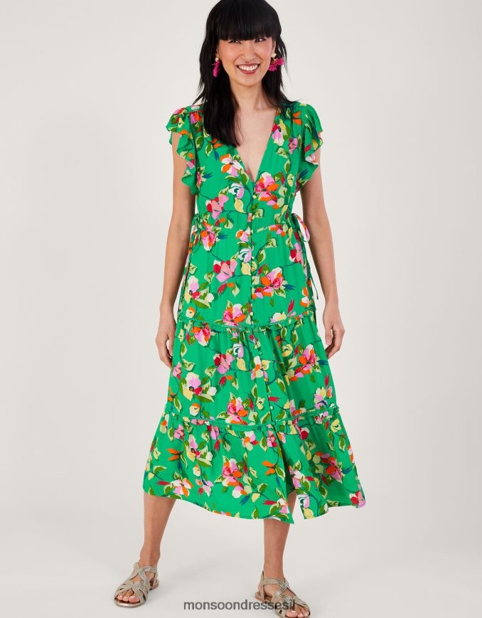 הַלבָּשָׁה Monsoon שמלת תה פרחונית של לילו בוויסקוזה בר קיימא ירוק נשים HTJ0TZ280