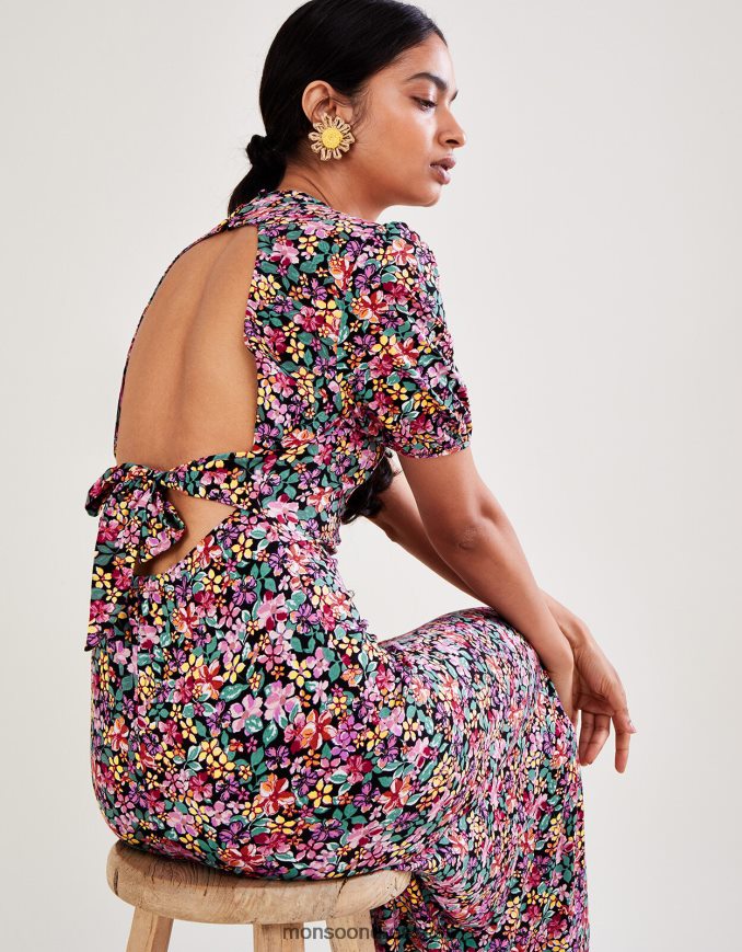 הַלבָּשָׁה Monsoon שמלת ג'רסי פרחונית וינטג' שָׁחוֹר נשים HTJ0TZ2802