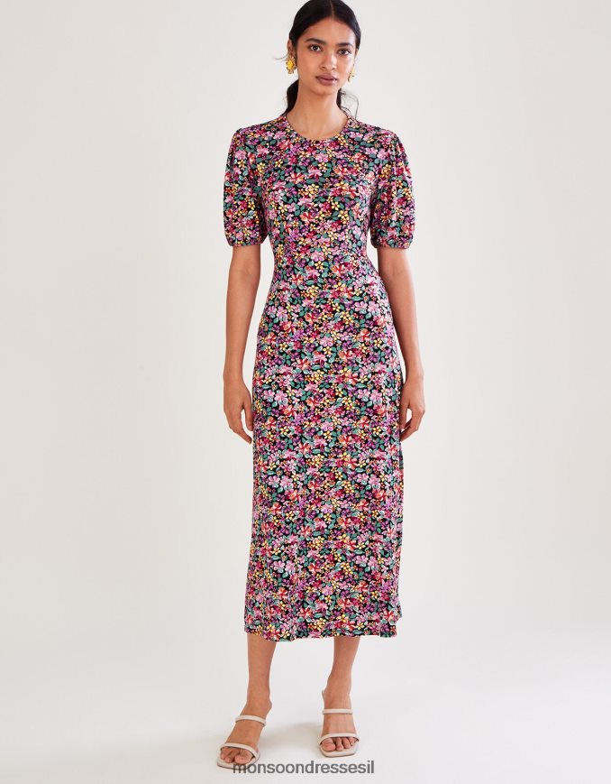 הַלבָּשָׁה Monsoon שמלת ג'רסי פרחונית וינטג' שָׁחוֹר נשים HTJ0TZ2802