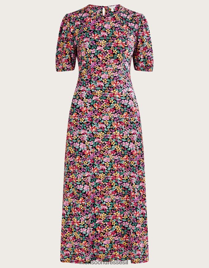 הַלבָּשָׁה Monsoon שמלת ג'רסי פרחונית וינטג' שָׁחוֹר נשים HTJ0TZ2802