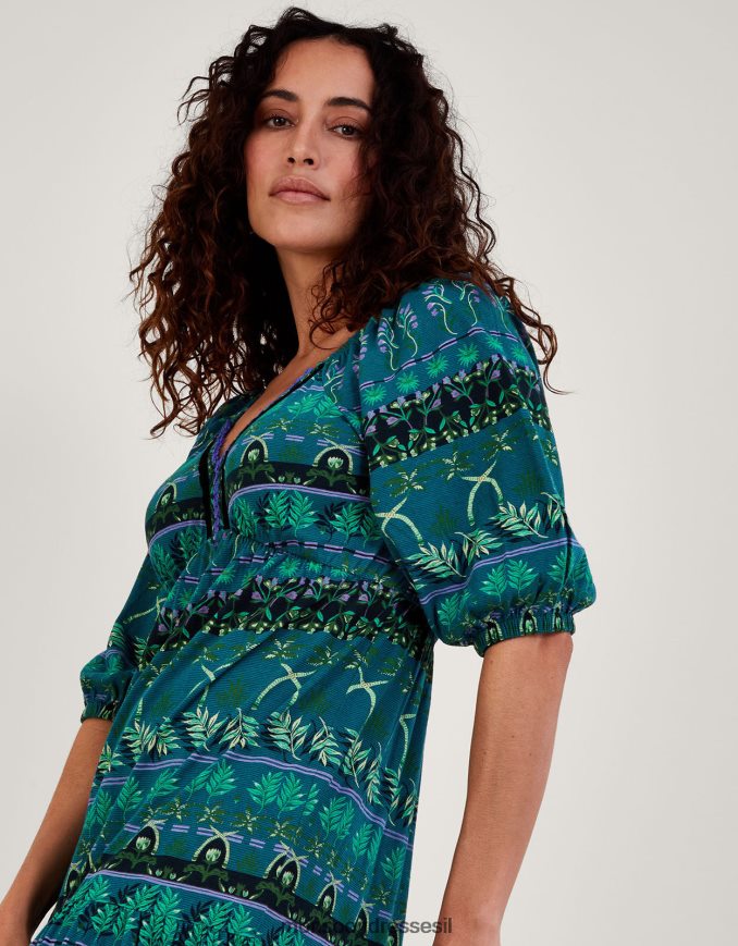 הַלבָּשָׁה Monsoon שמלת מידי ג'רסי מדורגת בהדפס עלים עם כותנה בת קיימא ירוק נשים HTJ0TZ2804