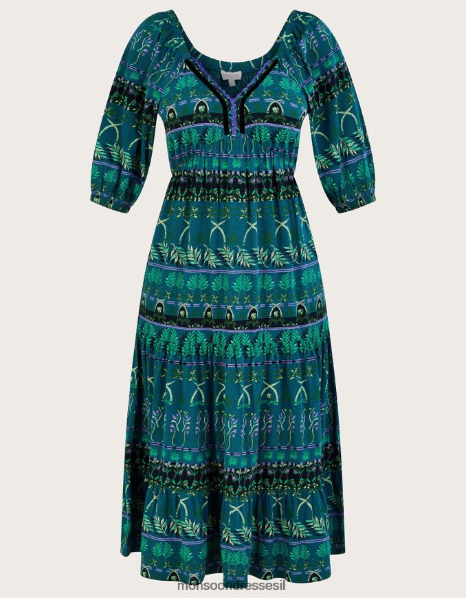 הַלבָּשָׁה Monsoon שמלת מידי ג'רסי מדורגת בהדפס עלים עם כותנה בת קיימא ירוק נשים HTJ0TZ2804