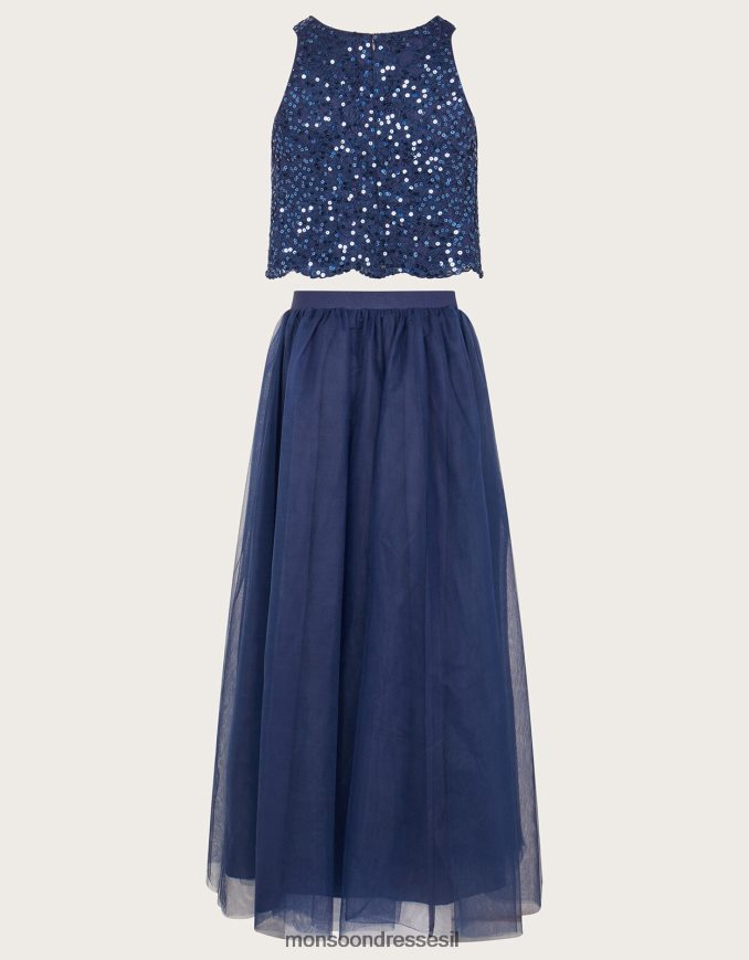 הַלבָּשָׁה Monsoon טופ נצנצים וחצאית מקסי מטול סט נשף כחול (צי) ילדה HTJ0TZ2813