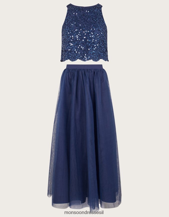 הַלבָּשָׁה Monsoon טופ נצנצים וחצאית מקסי מטול סט נשף כחול (צי) ילדה HTJ0TZ2813