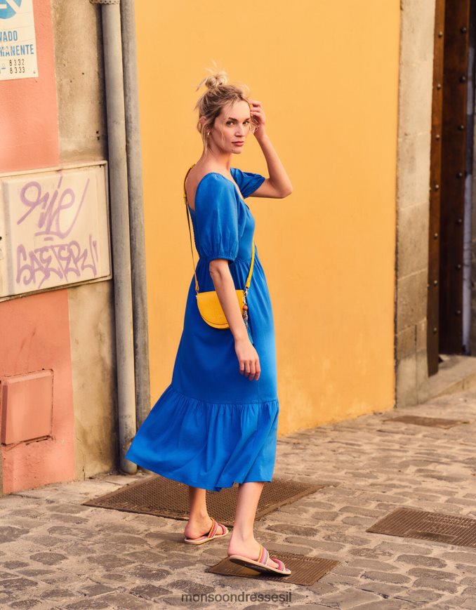 הַלבָּשָׁה Monsoon שמלת מידי עם שרוולים נפוחים כחול (קובלט) נשים HTJ0TZ286