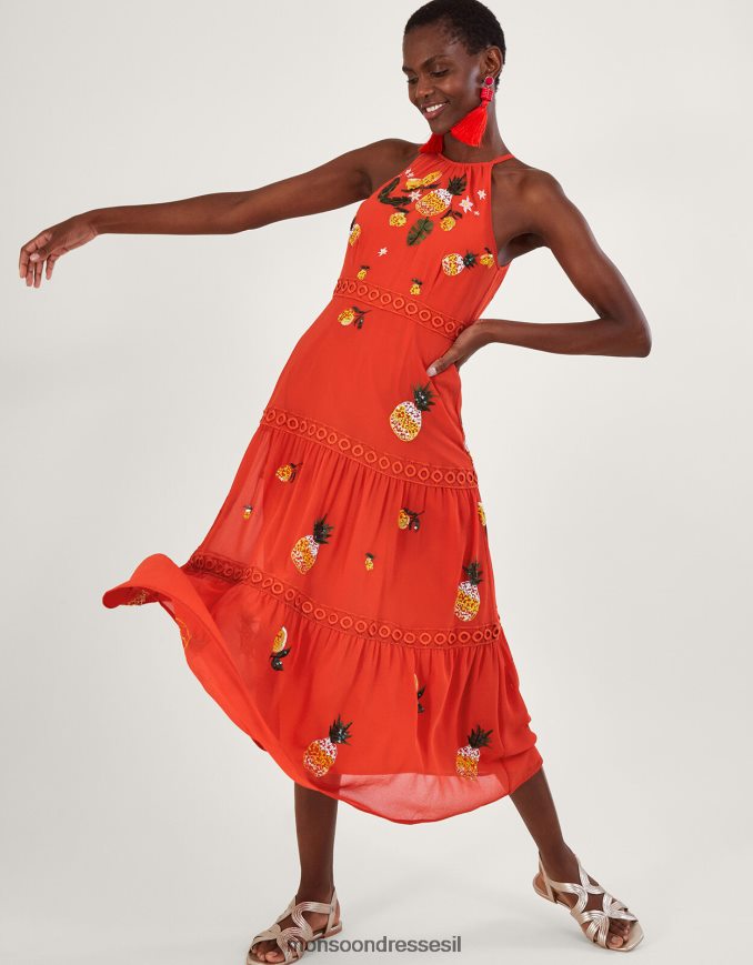 הַלבָּשָׁה Monsoon שמלת מידי מדורגת מקושטת של איזבל בפוליאסטר ממוחזר תפוז נשים HTJ0TZ290