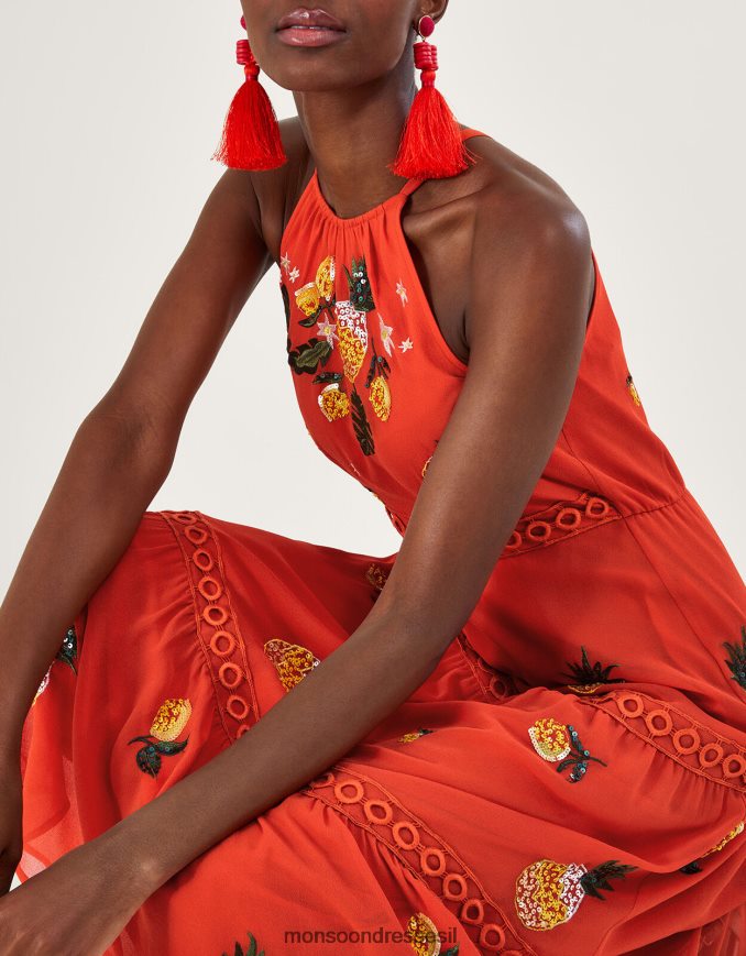 הַלבָּשָׁה Monsoon שמלת מידי מדורגת מקושטת של איזבל בפוליאסטר ממוחזר תפוז נשים HTJ0TZ290