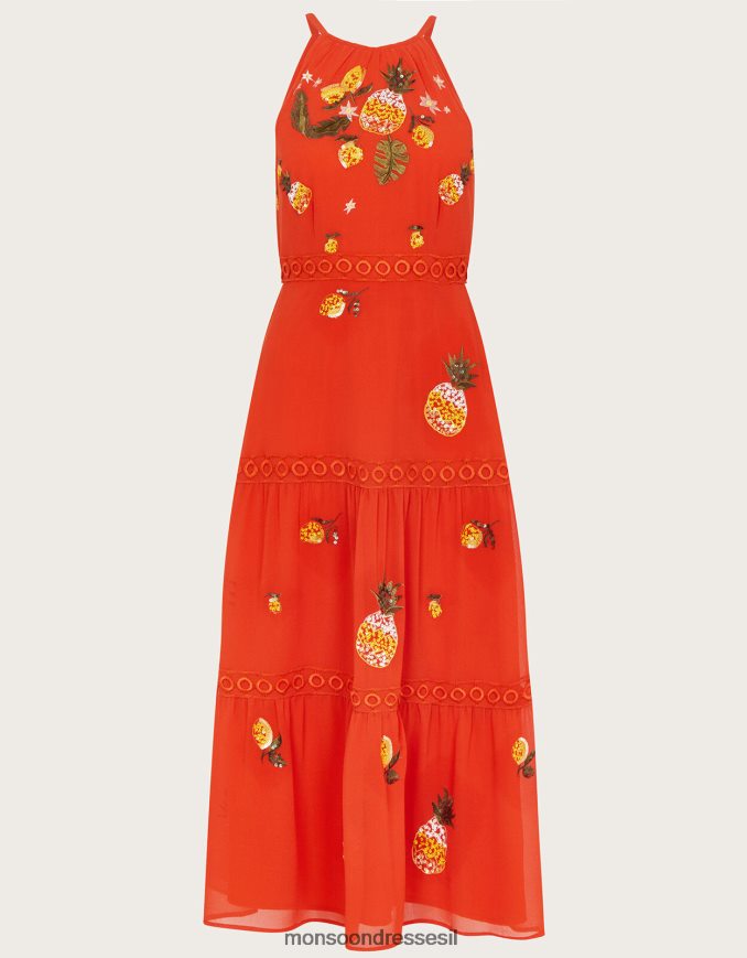 הַלבָּשָׁה Monsoon שמלת מידי מדורגת מקושטת של איזבל בפוליאסטר ממוחזר תפוז נשים HTJ0TZ290