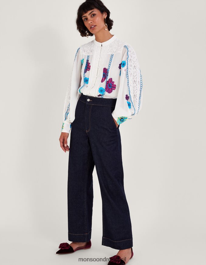 הַלבָּשָׁה Monsoon חולצה רקומה תחרה לוריין בפוליאסטר ממוחזר שֶׁנהָב נשים HTJ0TZ292