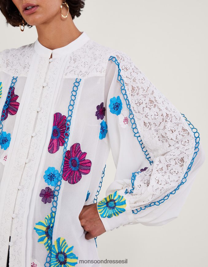 הַלבָּשָׁה Monsoon חולצה רקומה תחרה לוריין בפוליאסטר ממוחזר שֶׁנהָב נשים HTJ0TZ292