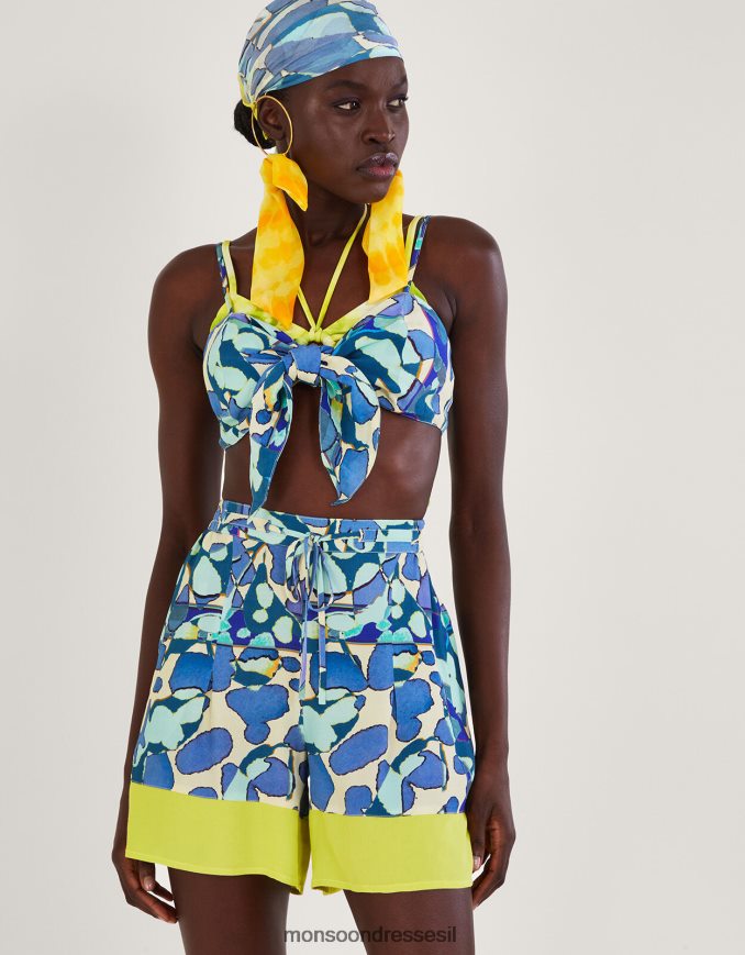 הַלבָּשָׁה Monsoon קרופ טופ הדפס מופשט כחול (טורקיז) נשים HTJ0TZ298