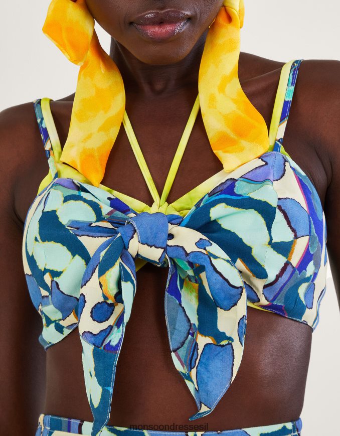 הַלבָּשָׁה Monsoon קרופ טופ הדפס מופשט כחול (טורקיז) נשים HTJ0TZ298