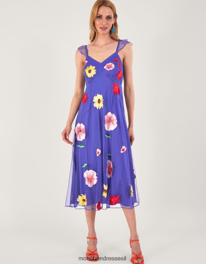 הַלבָּשָׁה Monsoon שמלת מידי מעוטרת פרחונית של מיקאלה כְּחוֹל נשים HTJ0TZ29