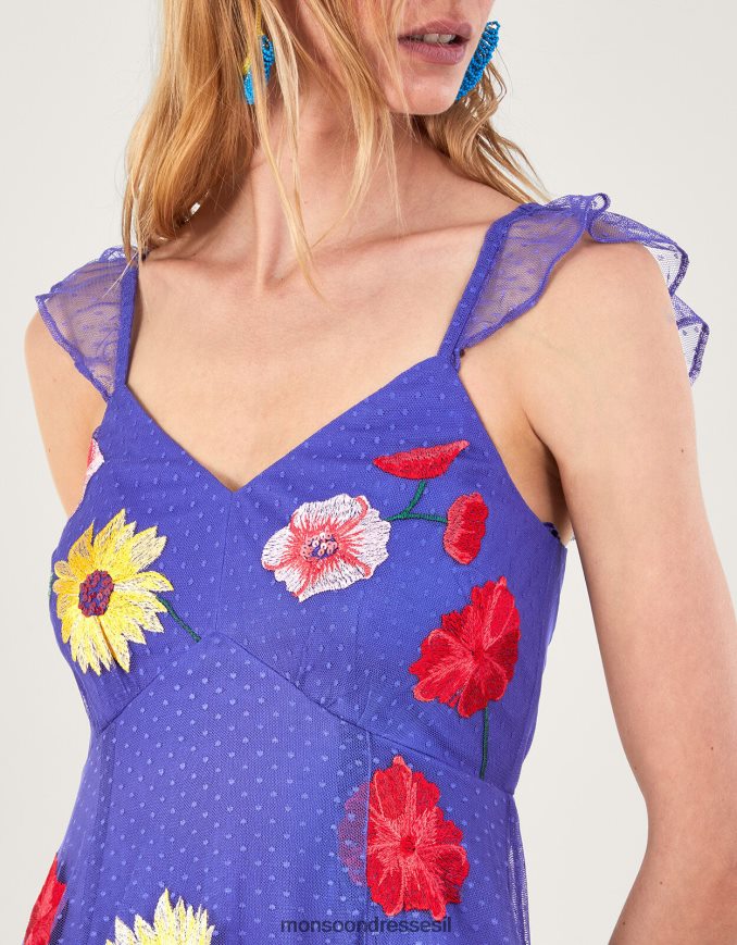 הַלבָּשָׁה Monsoon שמלת מידי מעוטרת פרחונית של מיקאלה כְּחוֹל נשים HTJ0TZ29