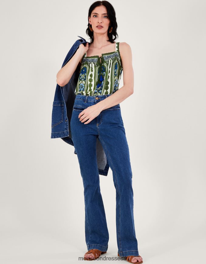 הַלבָּשָׁה Monsoon טופ קמי עם עיטור תחרה בהדפס מורשת ירוק (חאקי) נשים HTJ0TZ305