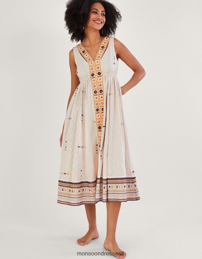 הַלבָּשָׁה Monsoon שמלה רקומה בשברון עניבה סטייטמנט שֶׁנהָב נשים HTJ0TZ306