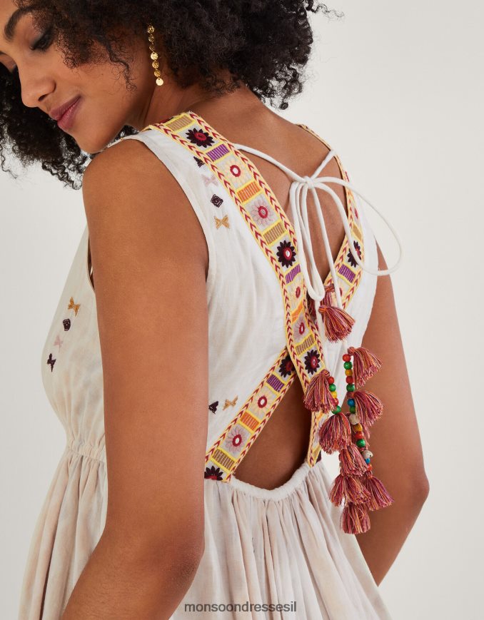 הַלבָּשָׁה Monsoon שמלה רקומה בשברון עניבה סטייטמנט שֶׁנהָב נשים HTJ0TZ306