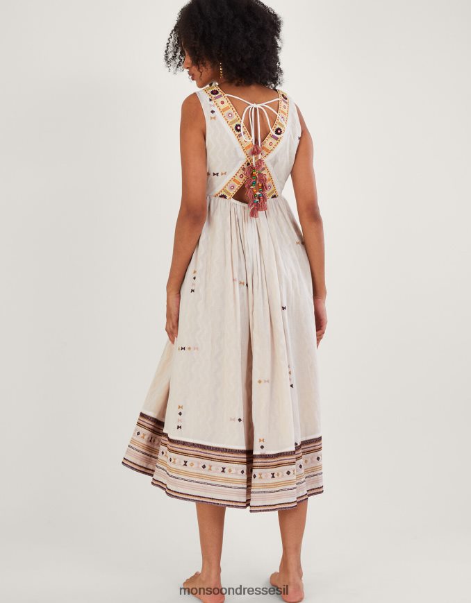 הַלבָּשָׁה Monsoon שמלה רקומה בשברון עניבה סטייטמנט שֶׁנהָב נשים HTJ0TZ306