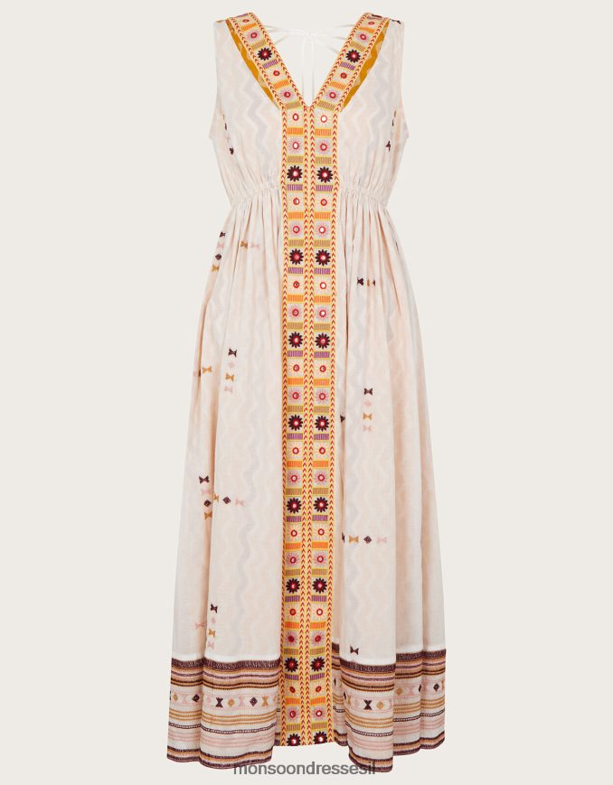 הַלבָּשָׁה Monsoon שמלה רקומה בשברון עניבה סטייטמנט שֶׁנהָב נשים HTJ0TZ306