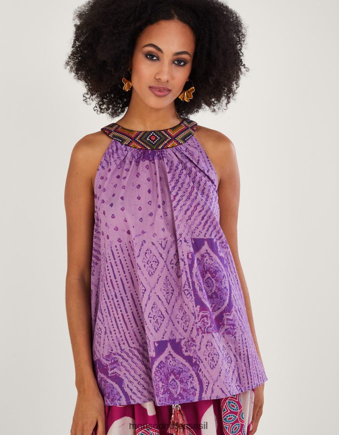 הַלבָּשָׁה Monsoon חולצת קאמי רקומה של רבארי סגול (לילך) נשים HTJ0TZ323