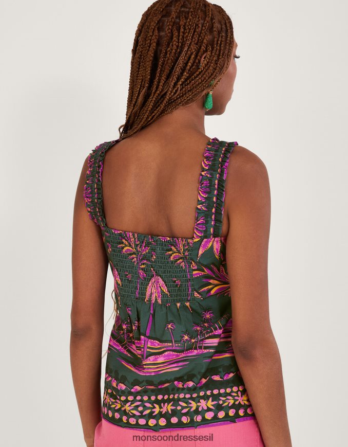 הַלבָּשָׁה Monsoon עליונית קאמי בהדפס כף היד של פדרה מכותנה בת קיימא ירוק (חאקי) נשים HTJ0TZ325