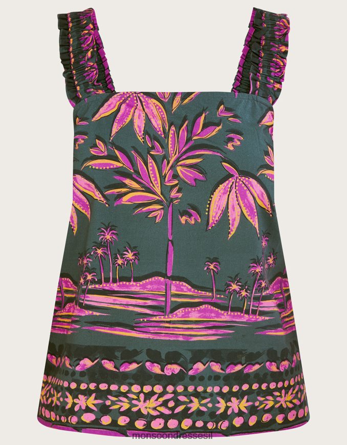 הַלבָּשָׁה Monsoon עליונית קאמי בהדפס כף היד של פדרה מכותנה בת קיימא ירוק (חאקי) נשים HTJ0TZ325