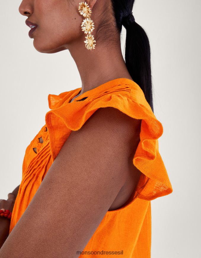 הַלבָּשָׁה Monsoon חלק עליון עם צווארון מתפרפר בתערובת פשתן תפוז נשים HTJ0TZ335