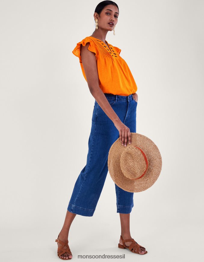 הַלבָּשָׁה Monsoon חלק עליון עם צווארון מתפרפר בתערובת פשתן תפוז נשים HTJ0TZ335