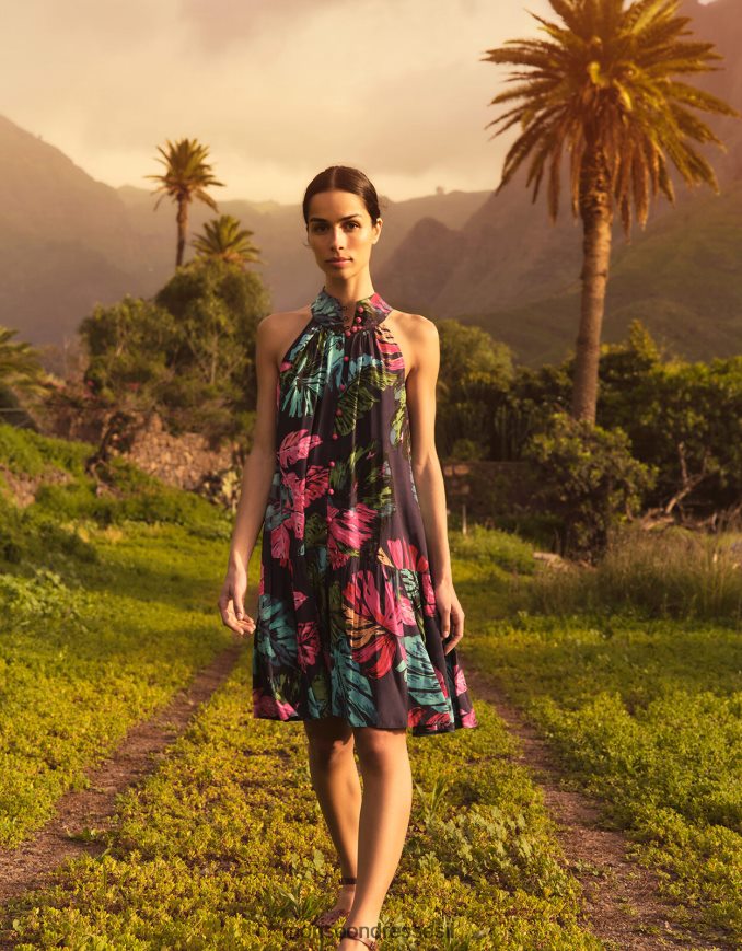 הַלבָּשָׁה Monsoon שמלת קולר בהדפס דקל בוויסקוזה בר-קיימא כחול (חצות) נשים HTJ0TZ337