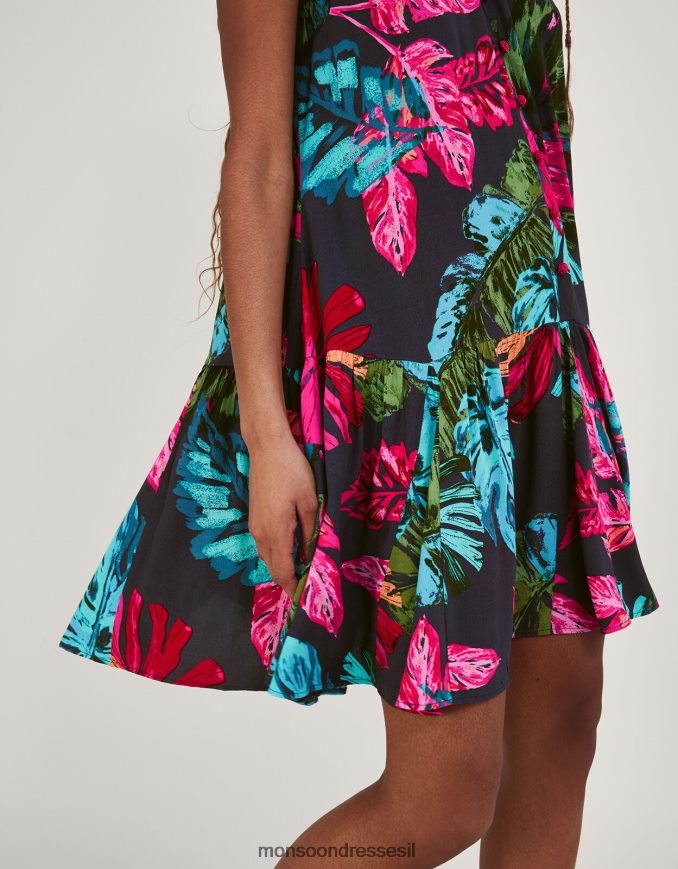 הַלבָּשָׁה Monsoon שמלת קולר בהדפס דקל בוויסקוזה בר-קיימא כחול (חצות) נשים HTJ0TZ337