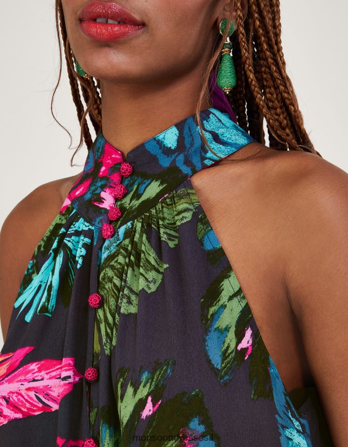 הַלבָּשָׁה Monsoon שמלת קולר בהדפס דקל בוויסקוזה בר-קיימא כחול (חצות) נשים HTJ0TZ337