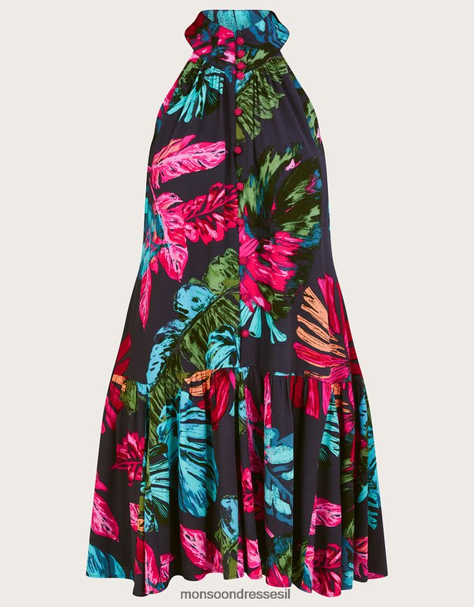 הַלבָּשָׁה Monsoon שמלת קולר בהדפס דקל בוויסקוזה בר-קיימא כחול (חצות) נשים HTJ0TZ337