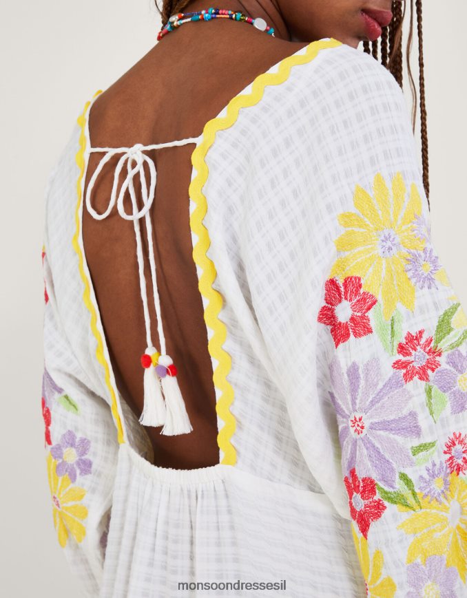 הַלבָּשָׁה Monsoon שמלת קפטן מידי רקומה פרחונית לבן נשים HTJ0TZ340