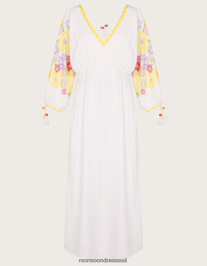 הַלבָּשָׁה Monsoon שמלת קפטן מידי רקומה פרחונית לבן נשים HTJ0TZ340