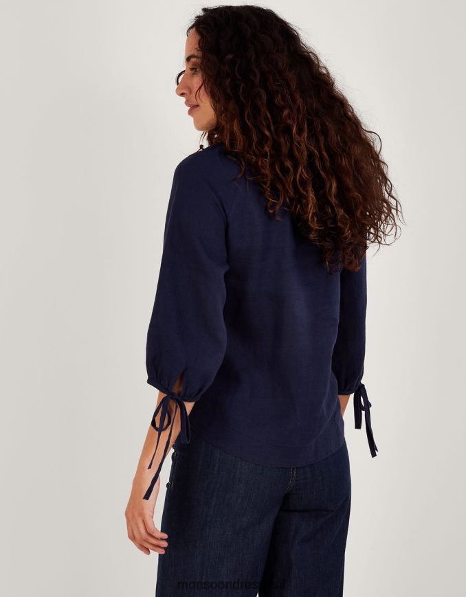 הַלבָּשָׁה Monsoon כפתור שרוול לקשור דרך חולצת פשתן כְּחוֹל נשים HTJ0TZ343