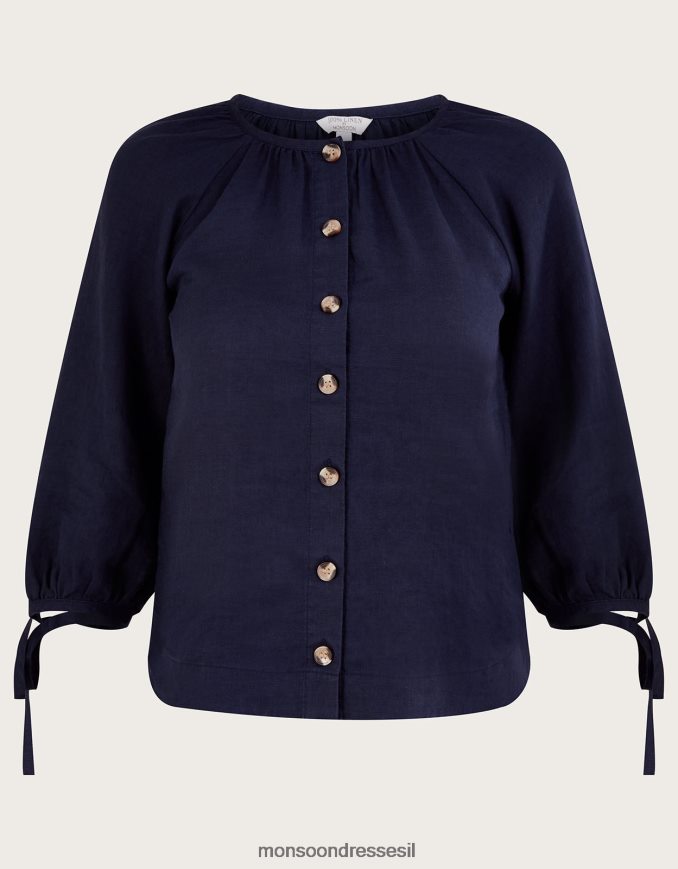 הַלבָּשָׁה Monsoon כפתור שרוול לקשור דרך חולצת פשתן כְּחוֹל נשים HTJ0TZ343