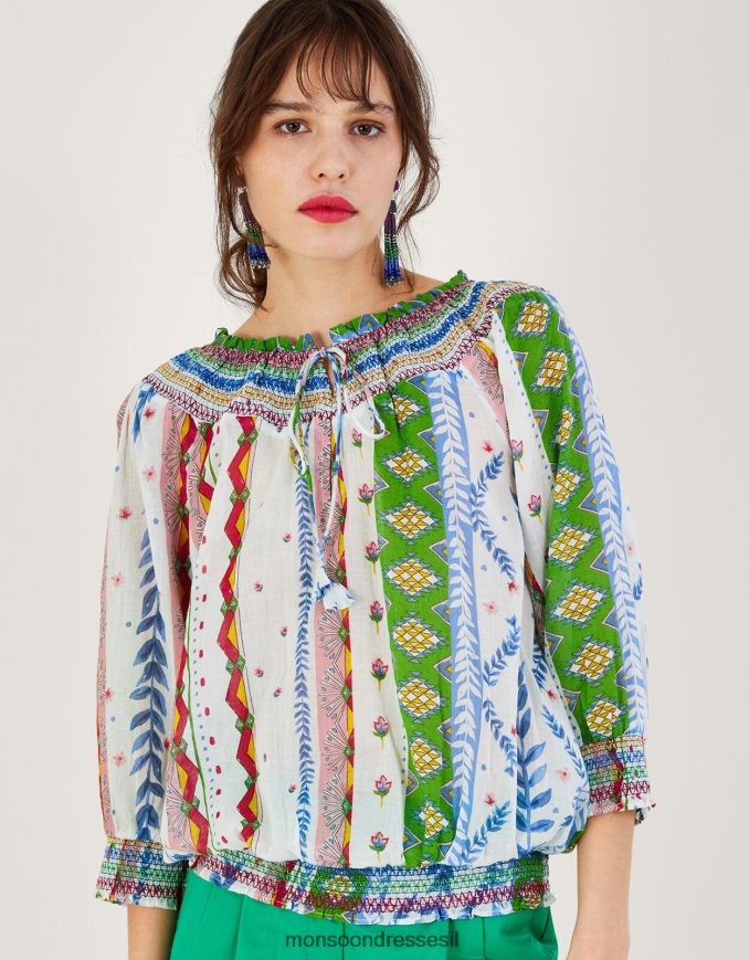 הַלבָּשָׁה Monsoon חלק עליון בהדפס בועה עם קו צוואר קשירה לבן נשים HTJ0TZ352