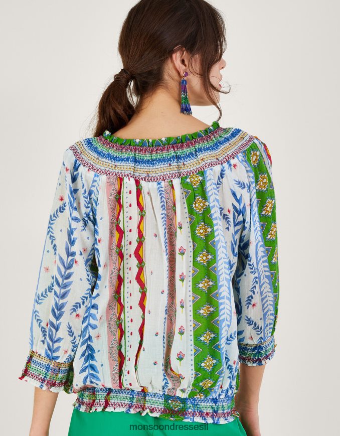 הַלבָּשָׁה Monsoon חלק עליון בהדפס בועה עם קו צוואר קשירה לבן נשים HTJ0TZ352