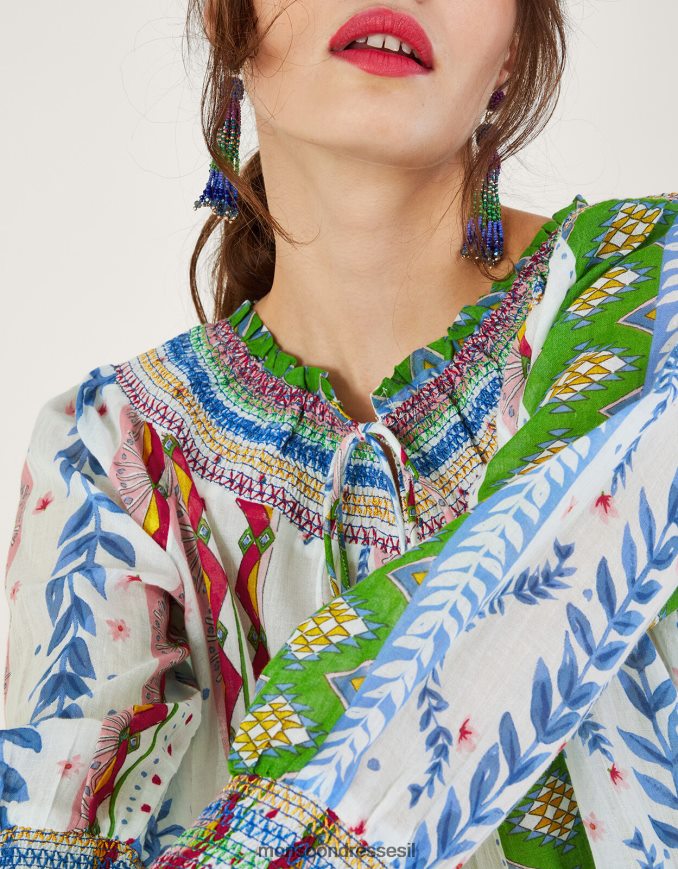 הַלבָּשָׁה Monsoon חלק עליון בהדפס בועה עם קו צוואר קשירה לבן נשים HTJ0TZ352