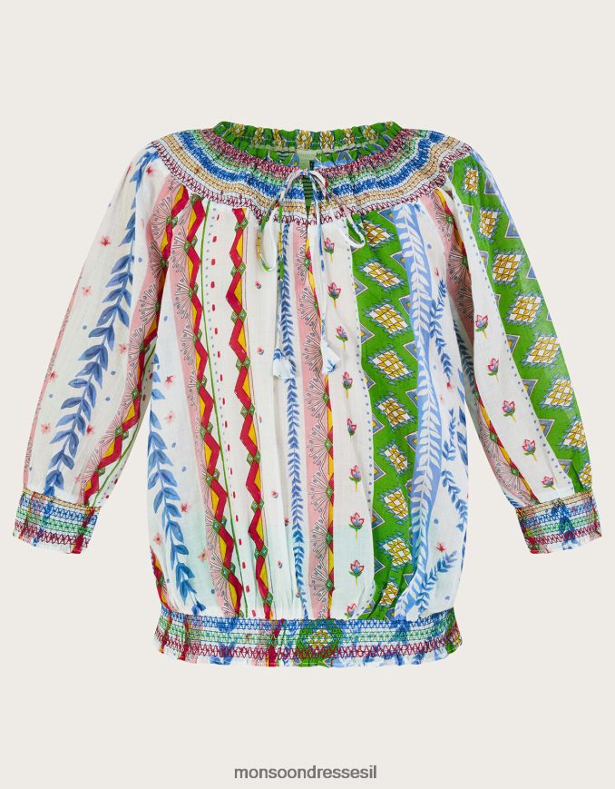 הַלבָּשָׁה Monsoon חלק עליון בהדפס בועה עם קו צוואר קשירה לבן נשים HTJ0TZ352