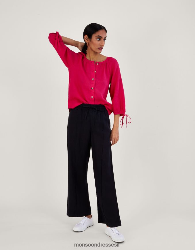 הַלבָּשָׁה Monsoon כפתור שרוול לקשור דרך חולצת פשתן וָרוֹד נשים HTJ0TZ356