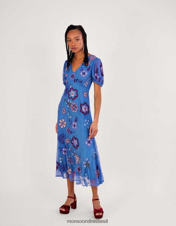 הַלבָּשָׁה Monsoon שמלת מידי רקומה של אנני בפוליאסטר ממוחזר כְּחוֹל נשים HTJ0TZ358