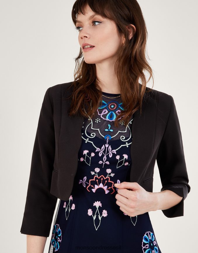 הַלבָּשָׁה Monsoon ז'קט קרופ של סקאלופ הורטנזיה עם פוליאסטר ממוחזר שָׁחוֹר נשים HTJ0TZ364