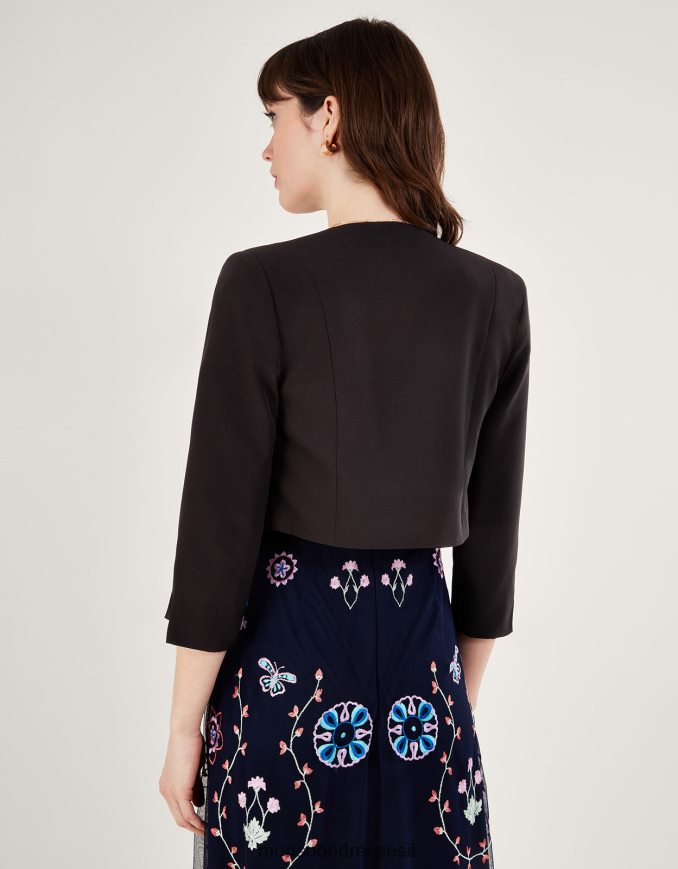 הַלבָּשָׁה Monsoon ז'קט קרופ של סקאלופ הורטנזיה עם פוליאסטר ממוחזר שָׁחוֹר נשים HTJ0TZ364