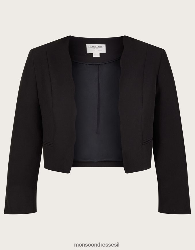 הַלבָּשָׁה Monsoon ז'קט קרופ של סקאלופ הורטנזיה עם פוליאסטר ממוחזר שָׁחוֹר נשים HTJ0TZ364