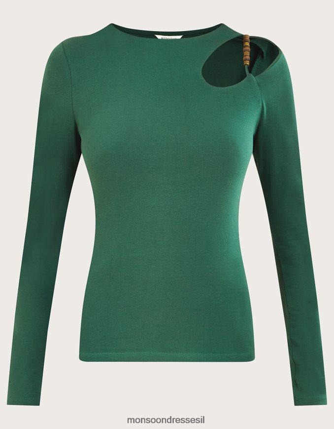 הַלבָּשָׁה Monsoon טופ ג'רסי עם גזרות חרוזים ירוק (חאקי) נשים HTJ0TZ370