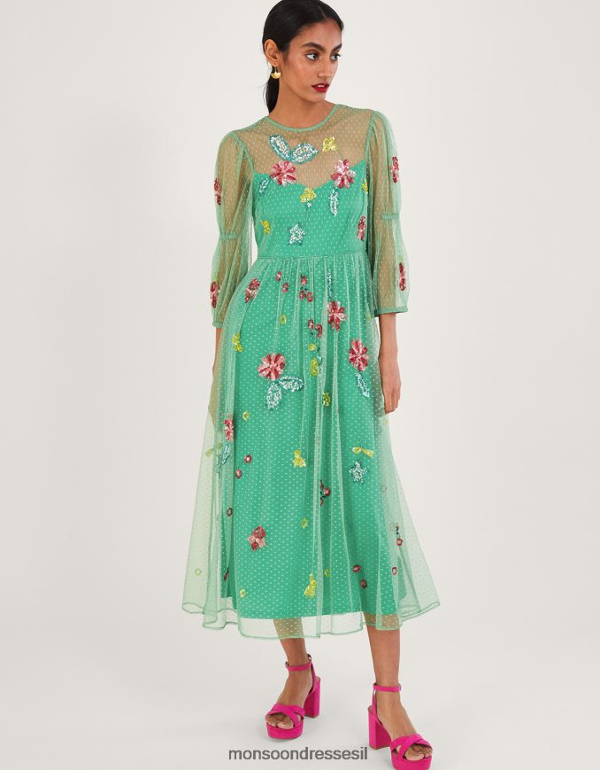 הַלבָּשָׁה Monsoon שמלת מידי מעוטרת רוזה ירוק נשים HTJ0TZ373