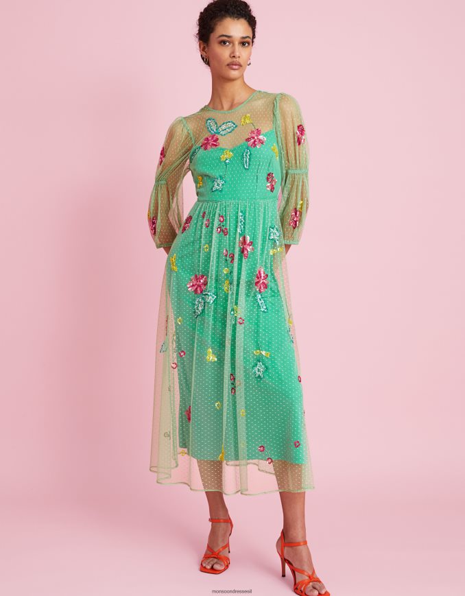 הַלבָּשָׁה Monsoon שמלת מידי מעוטרת רוזה ירוק נשים HTJ0TZ373