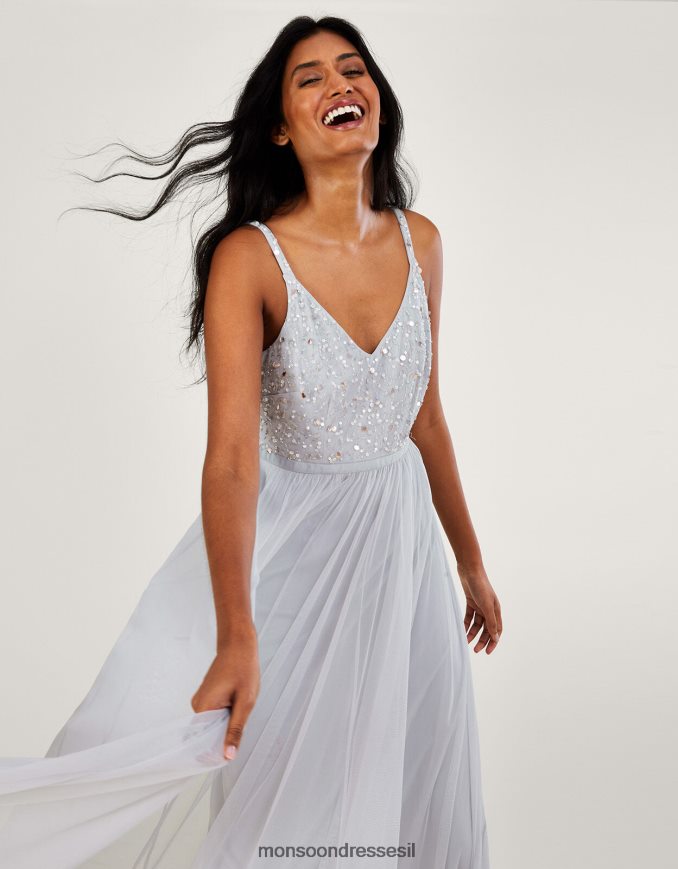 הַלבָּשָׁה Monsoon שמלת מקסי מעוטרת בסתיו בפוליאסטר ממוחזר כסף נשים HTJ0TZ383